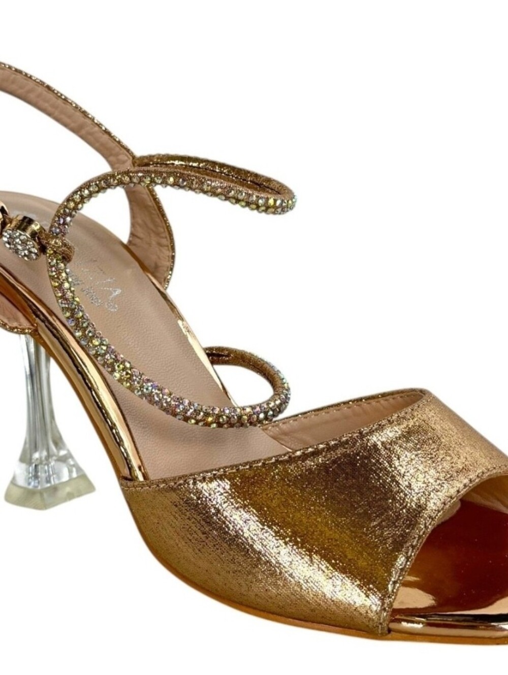 PATRIZIA NWT-Rose Gold RHINSTONE  Wrap Ankle Strap Lucite Heel, Size 38 (7.5-8)